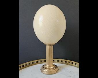 Œuf D’autruche Décoratif Sur Socle Laiton – XXe, Hauteur 25 Cm – Très Bon état