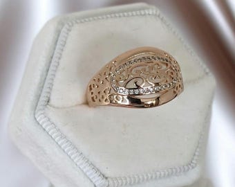 Luxe ring van 14 karaats gerold goud met steentjes (585 RG), vintage ringstijl uit de jaren 90, 14 karaats gerold goud (585 RG), kerstcadeau, cadeau voor moeders en andere gelegenheden.
