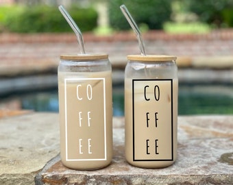 16 oz Iced Coffee Cup with Bamboo Lids and Straws, Mason Jar Cups & Iced Coffee Tumbler with lid and straw, Glass Cups for Iced Coffee, Boba