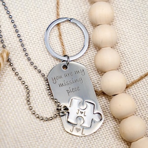 Anniversary Gift, Personalized Puzzle Piece Keychain and Necklace, Puzzle Jewelry, Gift for Him, Boyfriend Gift, Valentines Day Gift for Her