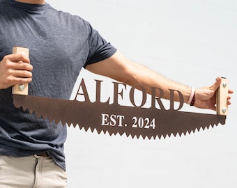 Personalized Cross Cut Saw, Father's Day Gift, Gift for Dad, Workshop Sign, Wood Worker Gift, Rustic Decor,Family Name Metal Sign Wall Decor