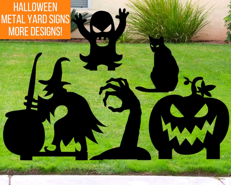 May include: Five black metal Halloween yard signs. The signs are cutouts of a witch stirring a cauldron, a pumpkin with a scary face, a cat, a monster with its arms raised, and a zombie hand. The signs are on a green lawn.