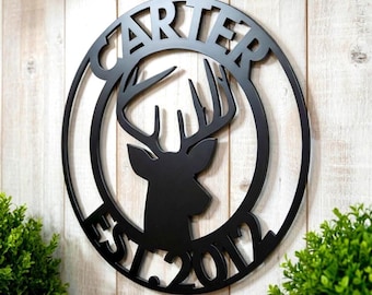 Personalized Deer Sign, Established Last Name Family Sign, Gift For Him, Metal Hunting Cabin Sign, Deer Hunter Sign, Custom Antler Decor