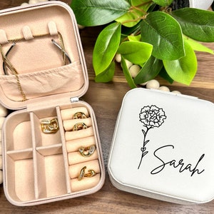Birth Flower Jewelry Travel Case, Birth Month Flower Gift, Personalized Birthday Gift, Leather Jewelry Travel Case, Custom Jewelry Case Vit