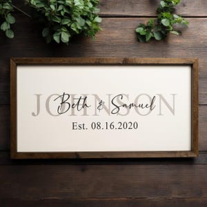 May include: A white wooden sign with a brown frame. The sign says "JOHNSON Beth & Samuel Est. 08.16.2020".