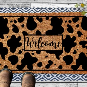 Boho Cow Print Doormat, Boho Decor, Cow Print, Boho Rug, Welcome Front Door Mat, Outdoor Porch Decor, Welcome Doormat, Home Gifts