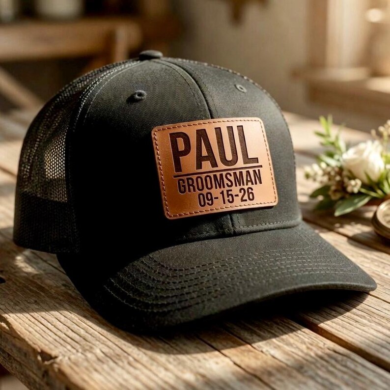 May include: Black trucker cap with a mesh back and a brown leather patch. The patch is embossed with the name "PAUL", the word "GROOMSMAN", and the date "09-15-26". The cap is on a wooden surface.