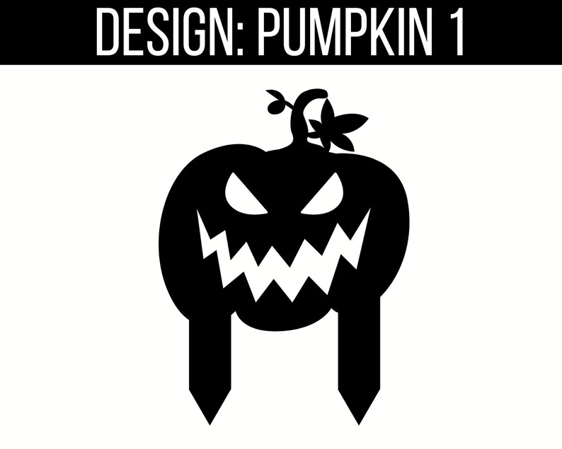 May include: Black silhouette of a pumpkin with a scary face and two stakes coming out of the bottom. The pumpkin has a stem with two leaves on top.
