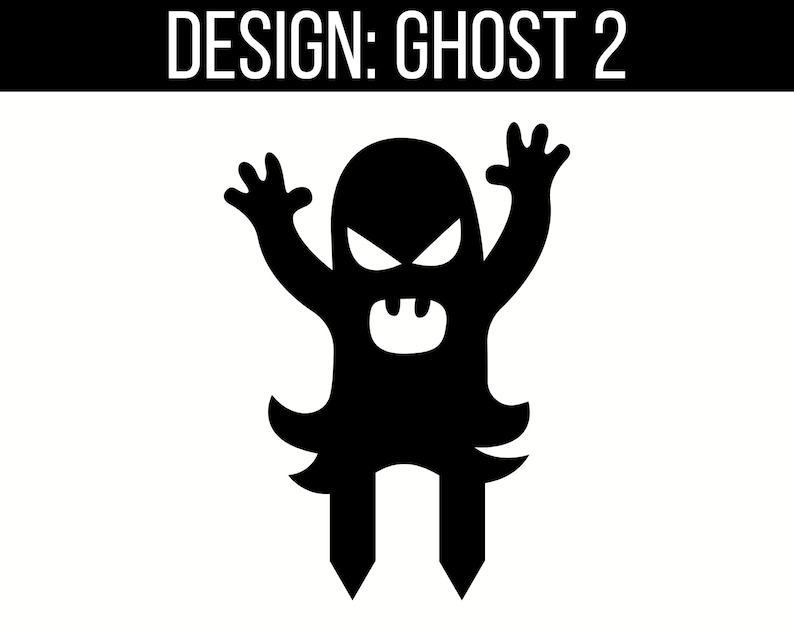 May include: Black silhouette of a ghost with angry eyes and a wide mouth, with two legs sticking out from the bottom. The ghost is in a menacing pose with its arms raised.