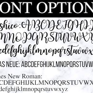 May include: A graphic displaying font options, including Joshico, Bebas Neue, and Times New Roman. Each font is shown in uppercase and lowercase letters, with a black font on a white marble background.