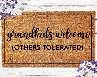 GrandKids Welcome Others Tolerated Doormat for Grandparents Gifts Christmas Gifts, Welcome Mat, Housewarming Gift, Grandma Gift Grandmother