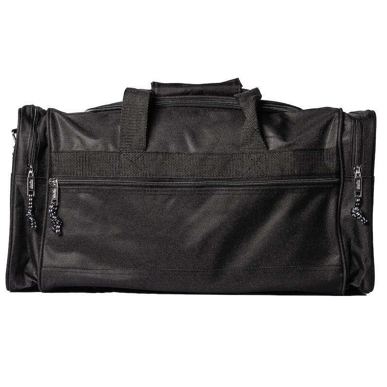 May include: A black duffel bag with two top handles and a zippered closure. The bag has a large main compartment and two smaller pockets on the front.