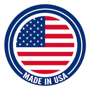 May include: A blue circle with a white border and the text "Made in USA" in white. Inside the circle is a red, white, and blue American flag.