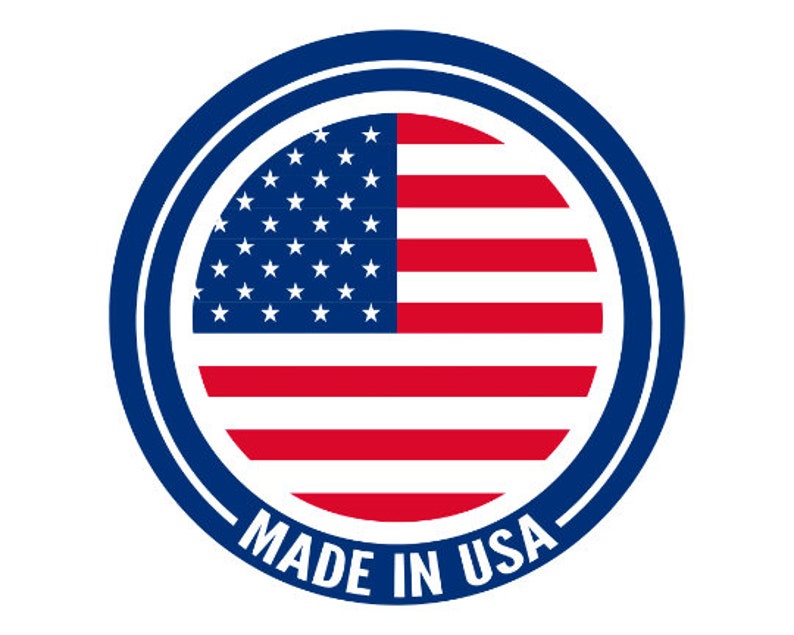 May include: A blue circle with a white border and the text "Made in USA" in white. Inside the circle is a red, white, and blue American flag.