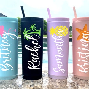 Personalized Vacation Skinny Tumbler with Straw, Family Vacation Girls Trip Beach Trip Custom Cup Bachelorette Cruise Tropical Vacay Gift