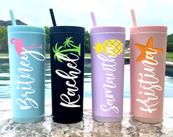 Personalized Vacation Skinny Tumbler with Straw, Family Vacation Girls Trip Beach Trip Custom Cup Bachelorette Cruise Tropical Vacay Gift