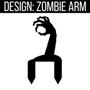 May include: Black silhouette of a zombie arm reaching out with a grasping hand. The arm is attached to a black, upright, rectangular base.
