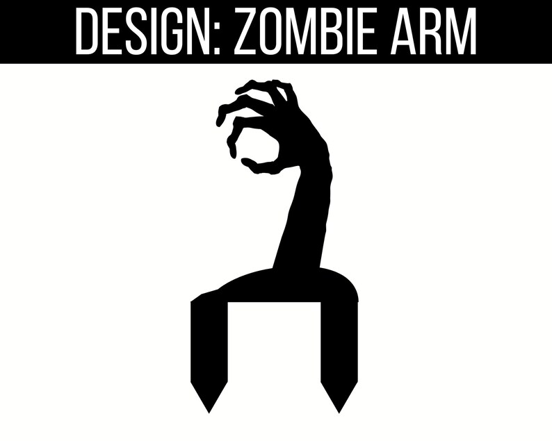 May include: Black silhouette of a zombie arm reaching out with a grasping hand. The arm is attached to a black, upright, rectangular base.