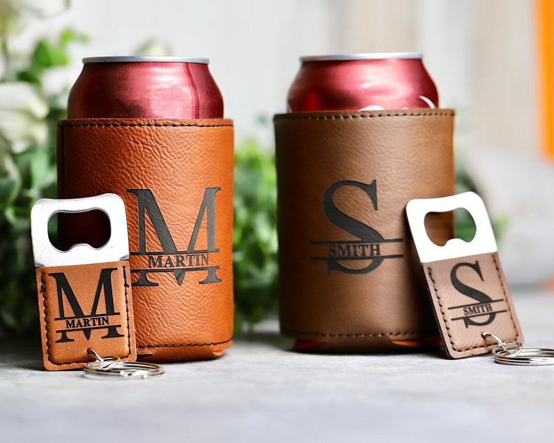 Bachelor Party Gifts Beer Can Cooler Personalized Groomsmen Gift Leather Can Cooler Groomsmen Can Holder Custom Can Cooler Best Man Gift image 1
