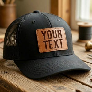 May include: Black trucker hat with a mesh back and a curved brim. A rectangular brown leather patch on the front displays the words "YOUR TEXT" in capital letters. The hat is sitting on a wooden surface.