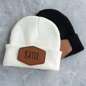 Signature Cursive Custom Infant Toddler Kids Youth Child Baby Newborn Beanie, Slouchy, Personalized Name, Leather Patch, Beanie with Patch