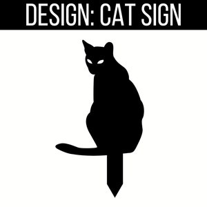May include: Black silhouette of a cat sitting on a stake, facing right. The cat has a long tail and large ears. The stake is a simple, thin, vertical line.