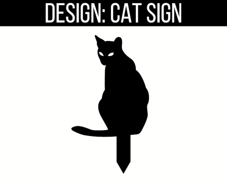 May include: Black silhouette of a cat sitting on a stake, facing right. The cat has a long tail and large ears. The stake is a simple, thin, vertical line.