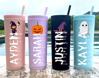 Personalized Halloween Tumbler with Straw, Custom Halloween Cups, Cute Halloween Skinny Tumbler for Halloween Party Favors Halloween Gifts