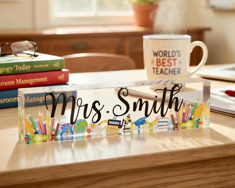 May include: A clear acrylic desk nameplate with the name "Mrs. Smith" in black script. The nameplate is decorated with colorful school-themed illustrations, including pencils, a globe, and books. A mug that says "World's Best Teacher" is in the background.