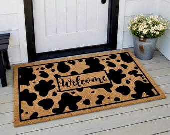 Boho Cow Print Doormat, Boho Decor, Cow Print, Boho Rug, Welcome Front Door Mat, Outdoor Porch Decor, Welcome Doormat, Home Gifts