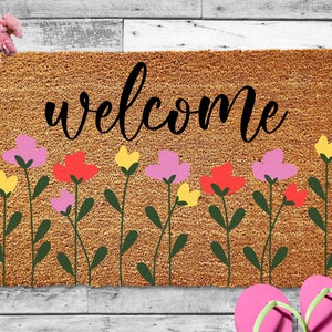 Wildflower Door Mat, Spring Doormat, Cute Spring Porch Decor, Floral Front Doormat, Coir Doormat, Handmade Mothers Day Gifts, Housewarming
