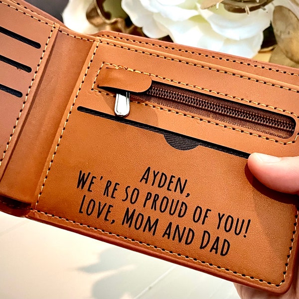 Engraved Wallet for Boys Wallet with Zipper Wallet for Son from Mom and Dad, Teenage Boy Wallet, Personalized Gift for Son from Parents