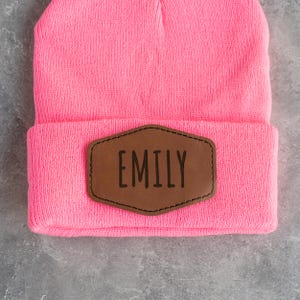 Signature Cursive Custom Infant Toddler Kids Youth Child Baby Newborn Beanie, Slouchy, Personalized Name, Leather Patch, Beanie with Patch image 9