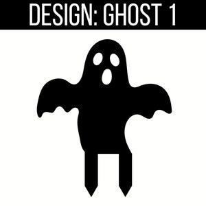 May include: Black silhouette of a ghost with a simple design. The ghost has two eyes and a mouth, and is standing on two legs.