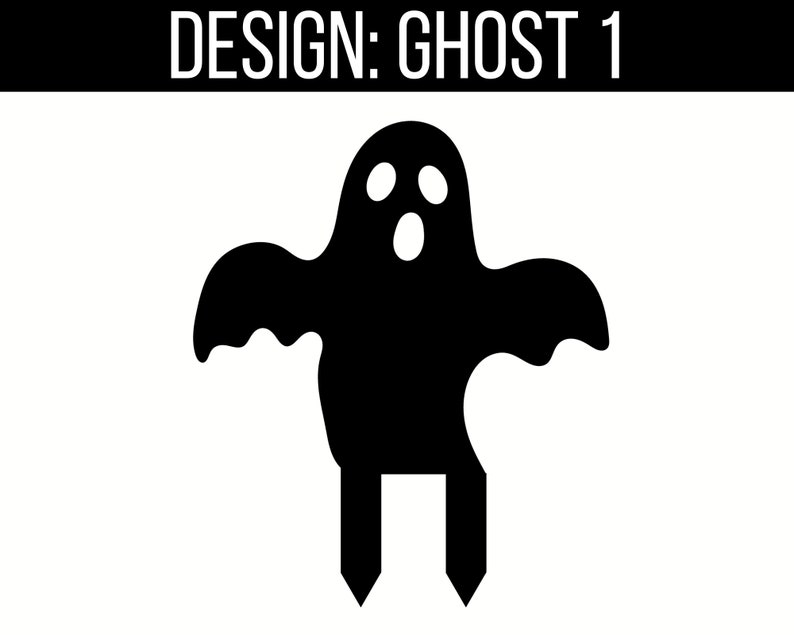 May include: Black silhouette of a ghost with a simple design. The ghost has two eyes and a mouth, and is standing on two legs.