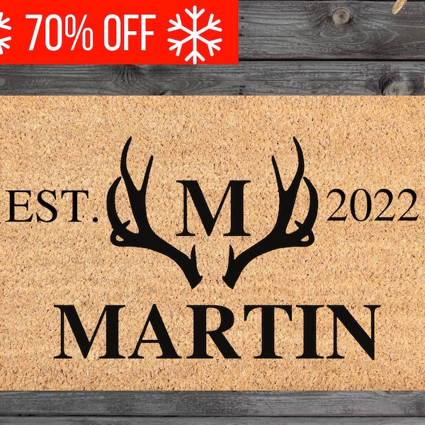 Personalized Name Doormat, Antlers Deer Ranch Welcome Mat Rug, Hunting Country Home Decor, Custom Lodge Doormat, Deer Hunter Gift, Name Gift