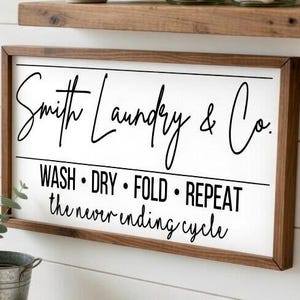 Personalized Laundry Room Sign, Farmhouse Laundry and Co, Wood Framed Sign, Laundry Room Decor, Custom Laundry Wood Sign, Mom Christmas Gift image 1
