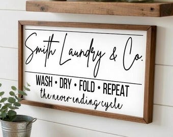 Personalized Laundry Room Sign, Farmhouse Laundry and Co, Wood Framed Sign, Laundry Room Decor, Custom Laundry Wood Sign, Mom Christmas Gift