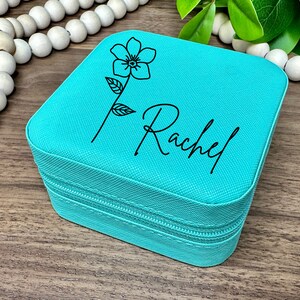 Birth Flower Jewelry Travel Case, Birth Month Flower Gift, Personalized Birthday Gift, Leather Jewelry Travel Case, Custom Jewelry Case Teal