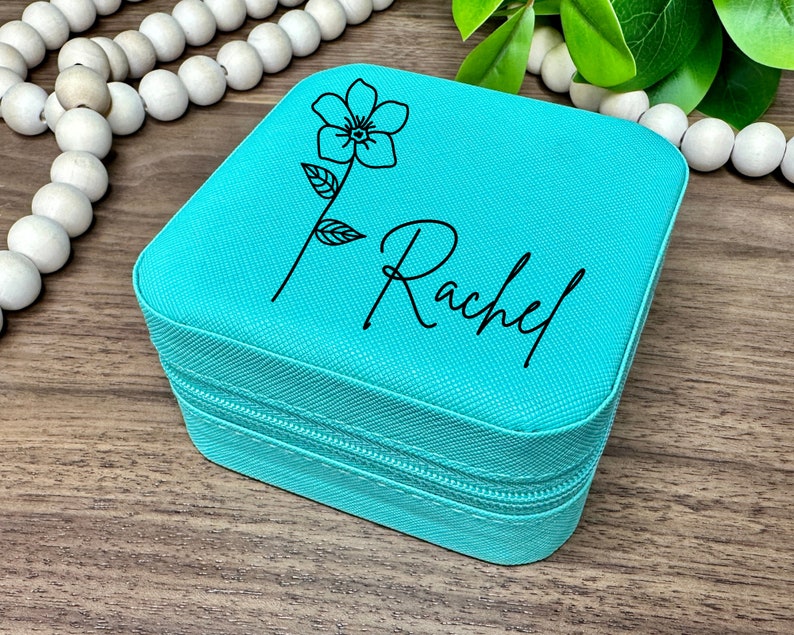 Birth Flower Jewelry Travel Case, Birth Month Flower Gift, Personalized Birthday Gift, Leather Jewelry Travel Case, Custom Jewelry Case Teal