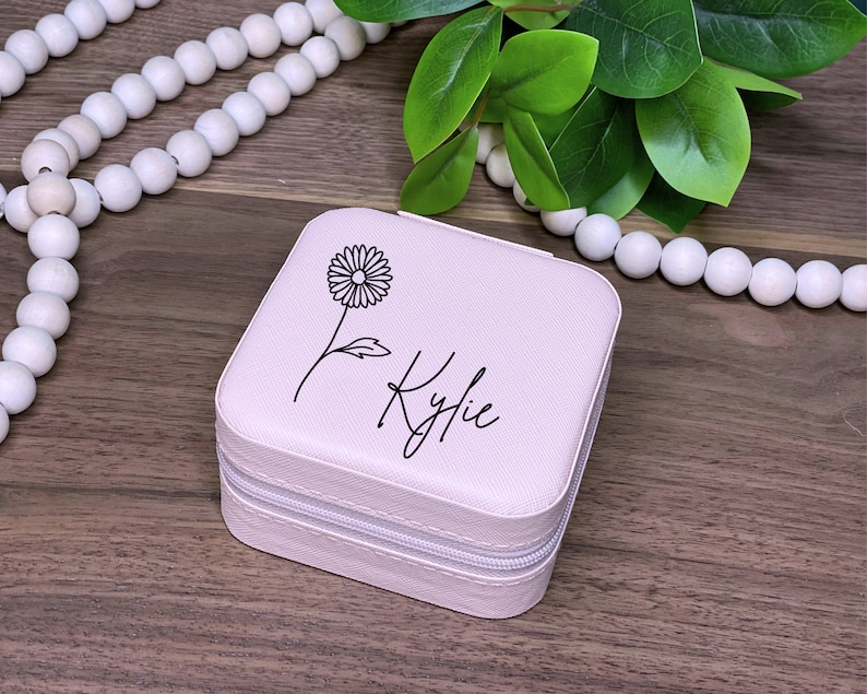 Birth Flower Jewelry Travel Case, Birth Month Flower Gift, Personalized Birthday Gift, Leather Jewelry Travel Case, Custom Jewelry Case Rosa