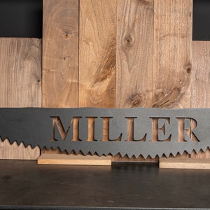 Puede incluir: Hoja de sierra de metal negro con la palabra "MILLER" recortada en el centro. La hoja de sierra est&aacute; colgada en una pared de madera.