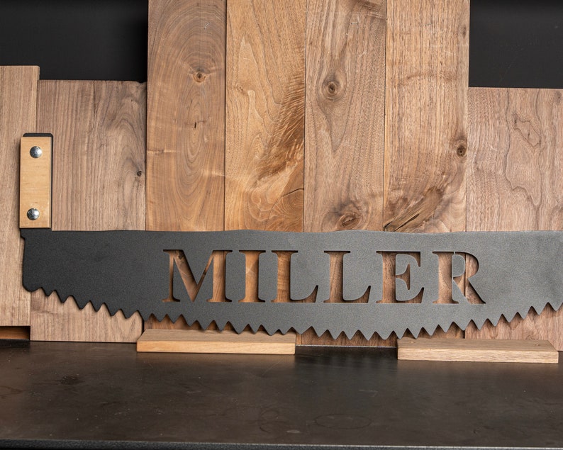 Puede incluir: Hoja de sierra de metal negro con la palabra "MILLER" recortada en el centro. La hoja de sierra est&aacute; colgada en una pared de madera.