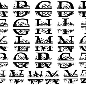 May include: A set of 26 black metal split monogram letters with a decorative scroll design. Each letter is split horizontally with a decorative scroll design on the top and bottom.