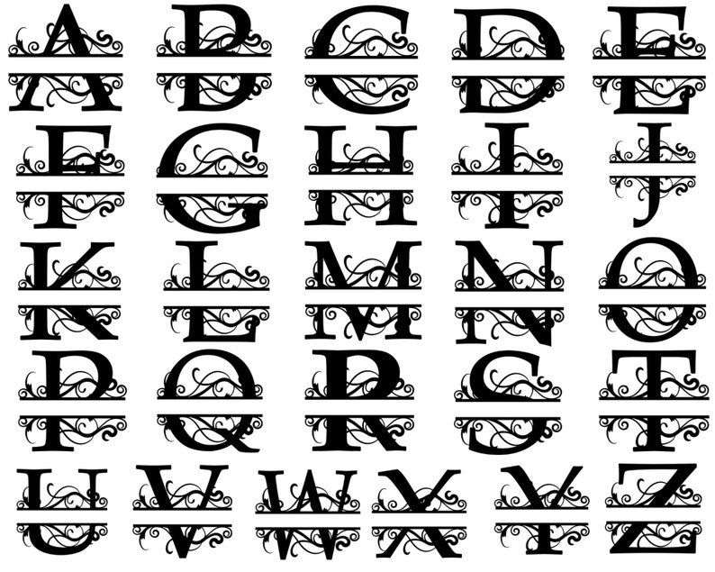 May include: A set of 26 black metal split monogram letters with a decorative scroll design. Each letter is split horizontally with a decorative scroll design on the top and bottom.