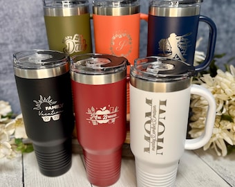 Personalized Birth Flower 40oz Tumbler With Name, Custom 40oz Tumbler with Handle & Straw, Bridesmaid Proposal, Birthday Gift, Bestie Gift