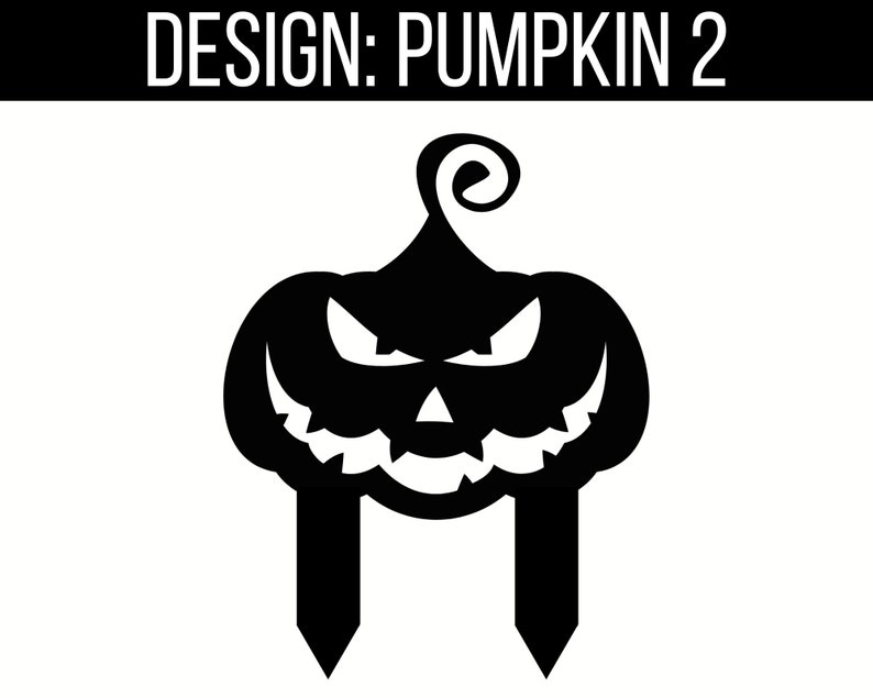 May include: Black silhouette of a jack-o'-lantern with a scary face and a stem. The pumpkin is on two stakes.