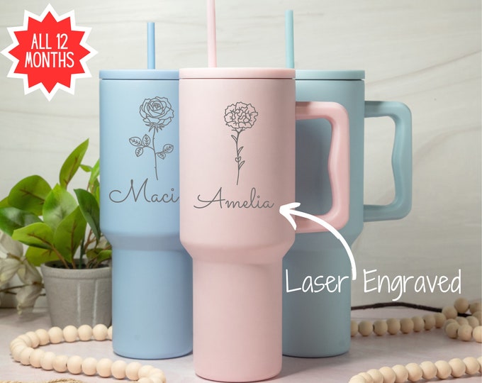 Engraved Birth Flower Tumbler with Name, Birthday Flower Tumbler, Matching Bridesmaid Gifts For Bachelorette Party Trips, Shower Gifts