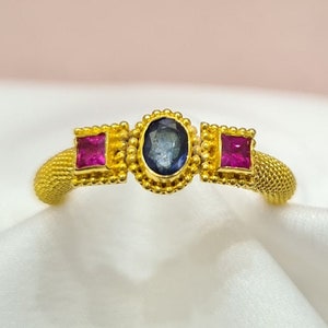 18K Handmade Yellow Gold Byzantine Ring With Rubies And Blue Sapphire, Byzantine Jewelry, Greek Ring, Gift Ring, Gold Ring, Mid-Cenctury