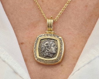 Ancient Greek Alexander The Great Coin Signet Pendant • 14K Solid Yellow Gold • Mid-Cenctury • Greek Design• Unisex Gift • IrmaJewelleryGR